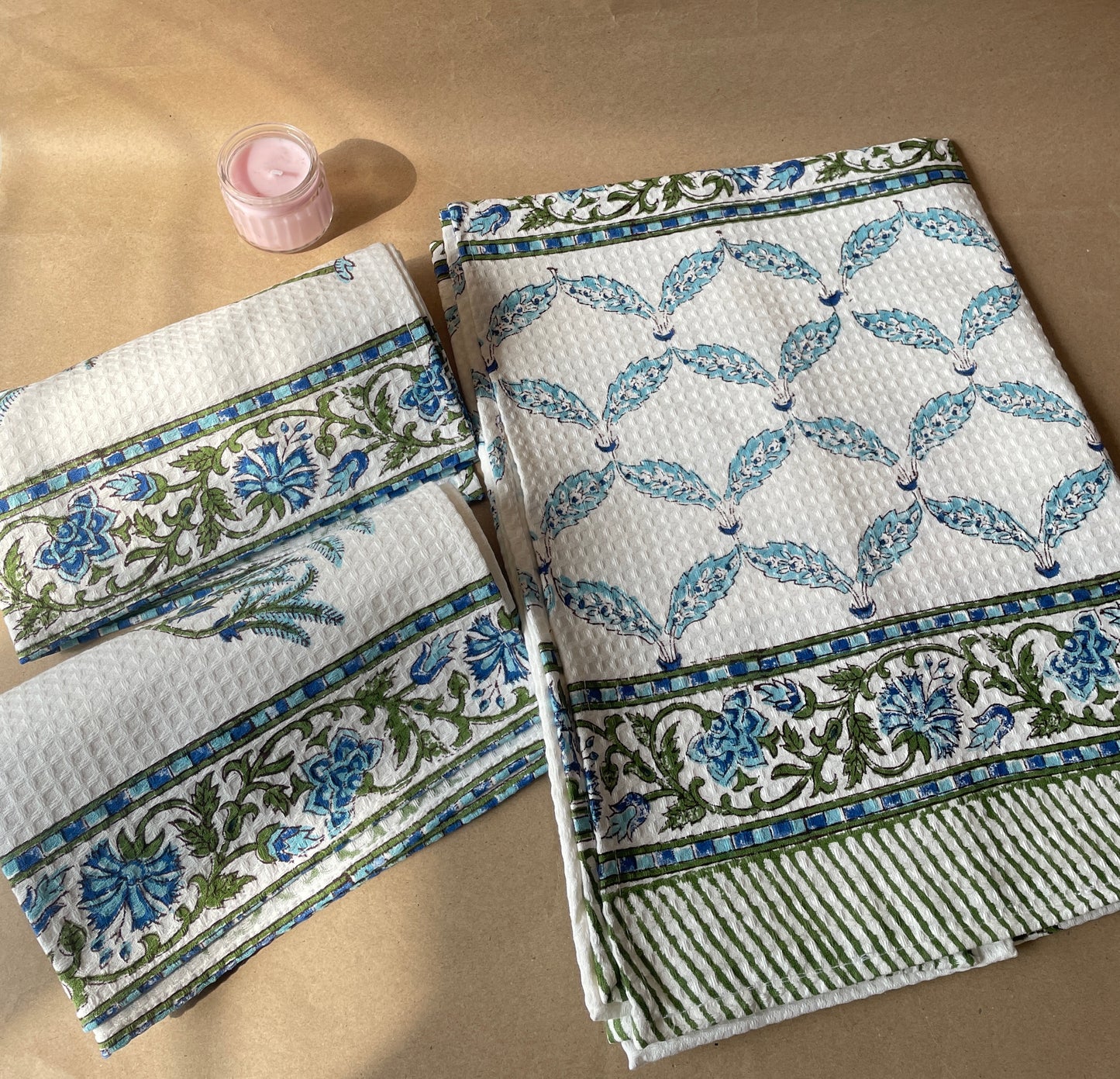 Sanganeri Soak Handblock Cotton Waffle Bath Towe Set ( 1 Bath Towel + 2 Hand Towel)