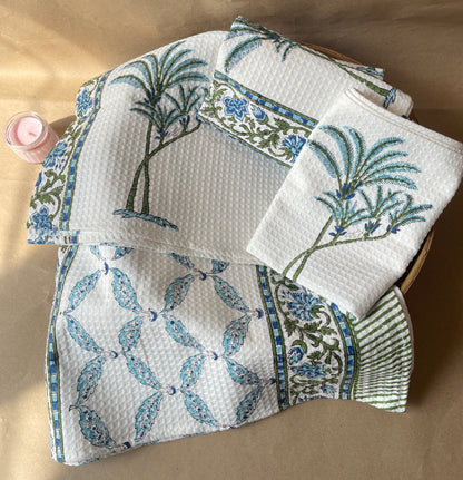 Sanganeri Soak Handblock Cotton Waffle Bath Towe Set ( 1 Bath Towel + 2 Hand Towel)