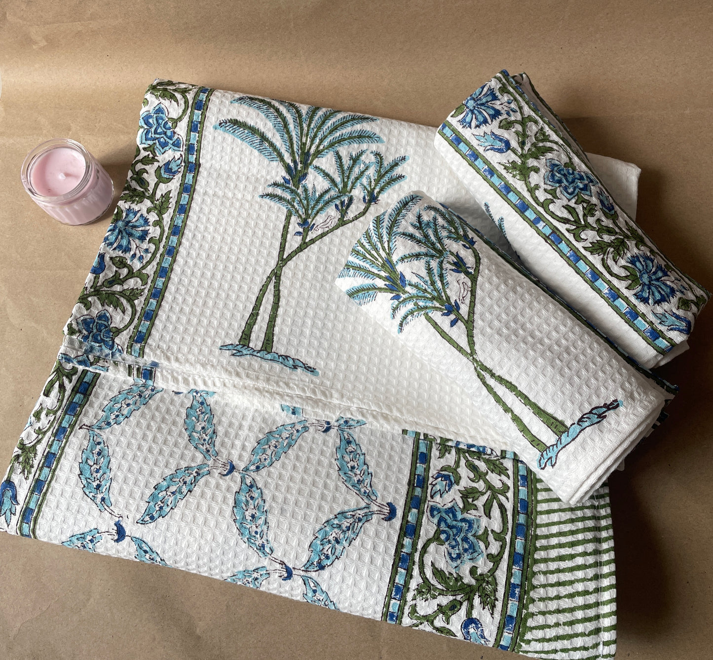 Sanganeri Soak Handblock Cotton Waffle Bath Towe Set ( 1 Bath Towel + 2 Hand Towel)