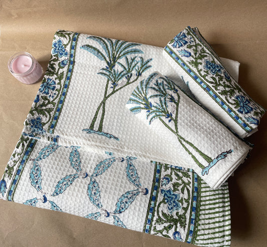 Sanganeri Soak Handblock Cotton Waffle Bath Towe Set ( 1 Bath Towel + 2 Hand Towel)