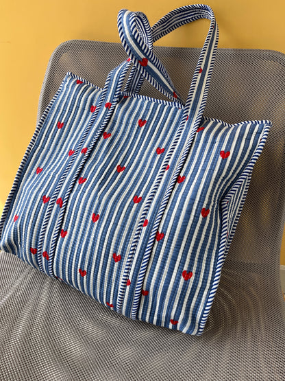 Amora Bleu Horizontal Cotton Quilted Tote Bag