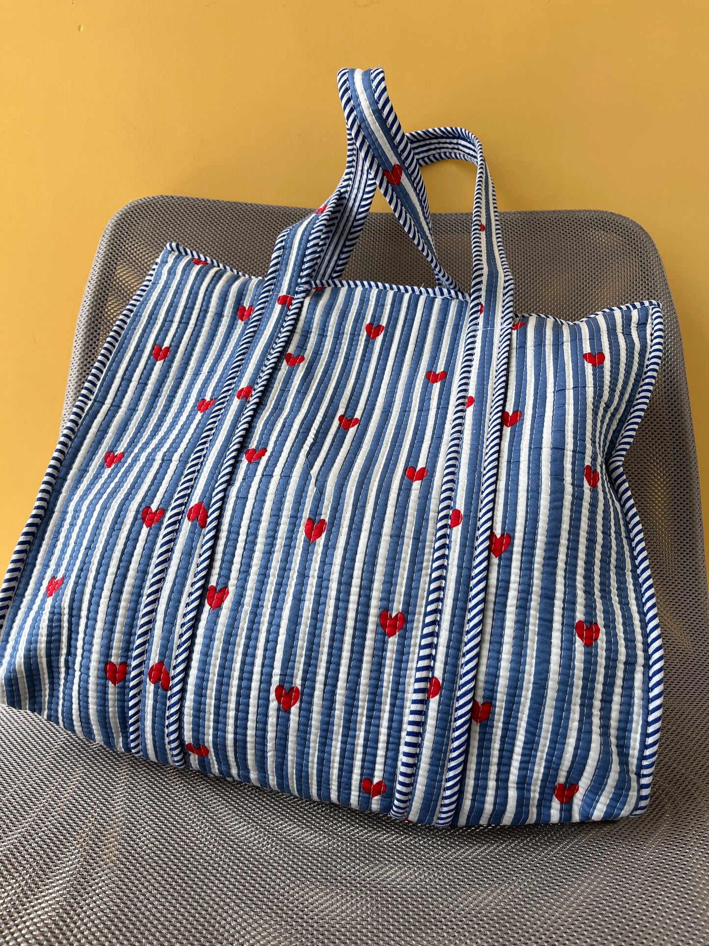 Amora Bleu Horizontal Cotton Quilted Tote Bag