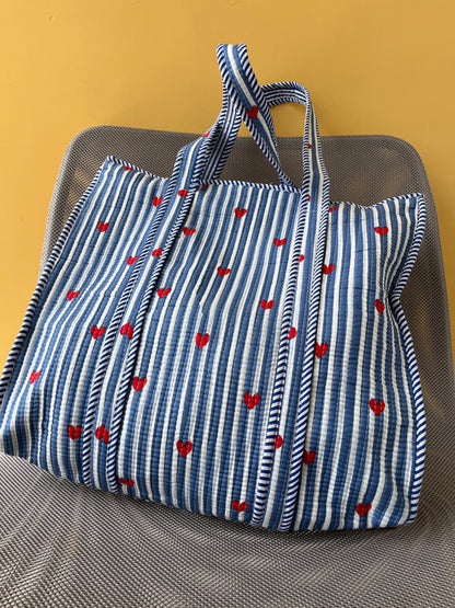 Amora Bleu Horizontal Cotton Quilted Tote Bag