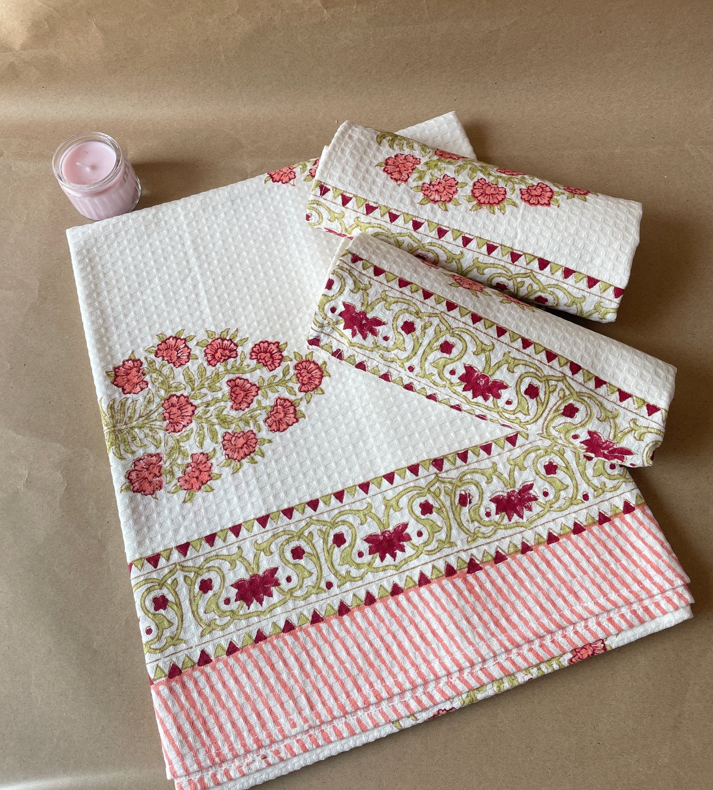 Verde Handblock Cotton Waffle Bath Towe Set ( 1 Bath Towel + 2 Hand Towel)