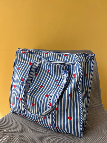 Amora Bleu Horizontal Cotton Quilted Tote Bag