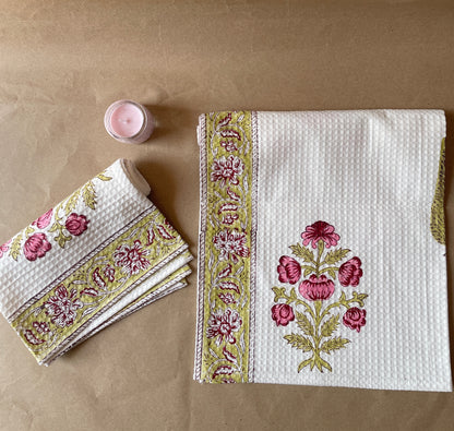 Sandalwood Mist Handblock Cotton Waffle Bath Towe Set ( 1 Bath Towel + 2 Hand Towel)