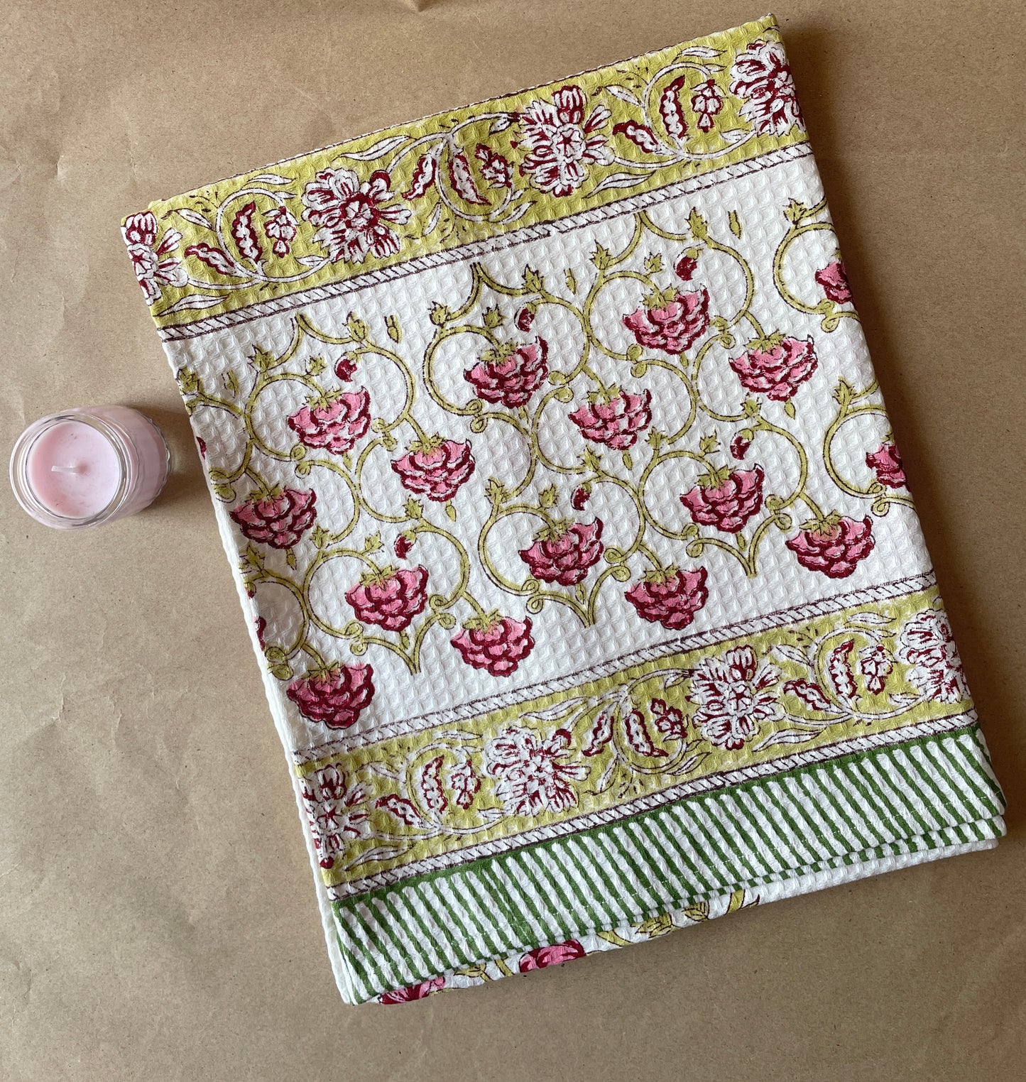 Sandalwood Mist Handblock Cotton Waffle Bath Towe Set ( 1 Bath Towel + 2 Hand Towel)