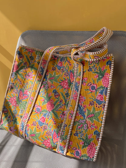 Multicolor Floral Horizontal Cotton Quilted Tote Bag