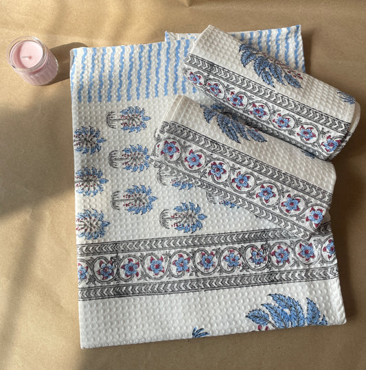 Palm Handblock Cotton Waffle Bath Towe Set ( 1 Bath Towel + 2 Hand Towel)