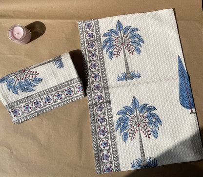 Palm Handblock Cotton Waffle Bath Towe Set ( 1 Bath Towel + 2 Hand Towel)