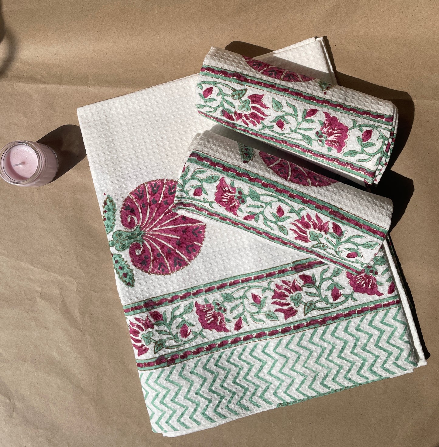 Heritage Hue Handblock Cotton Waffle Bath Towe Set ( 1 Bath Towel + 2 Hand Towel)