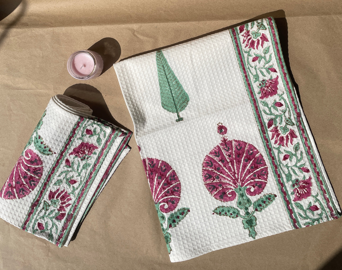 Heritage Hue Handblock Cotton Waffle Bath Towe Set ( 1 Bath Towel + 2 Hand Towel)