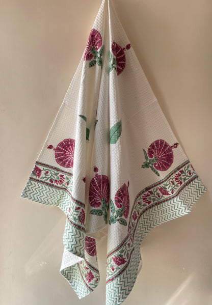 Heritage Hue Handblock Cotton Waffle Bath Towe Set ( 1 Bath Towel + 2 Hand Towel)