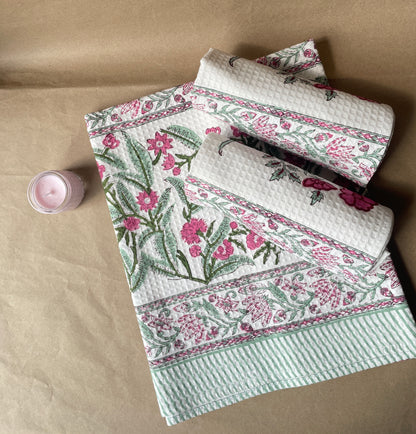 Floral Handblock Cotton Waffle Bath Towe Set ( 1 Bath Towel + 2 Hand Towel)