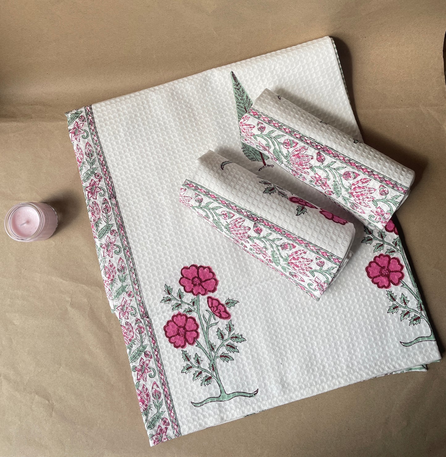 Floral Handblock Cotton Waffle Bath Towe Set ( 1 Bath Towel + 2 Hand Towel)