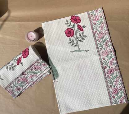 Floral Handblock Cotton Waffle Bath Towe Set ( 1 Bath Towel + 2 Hand Towel)