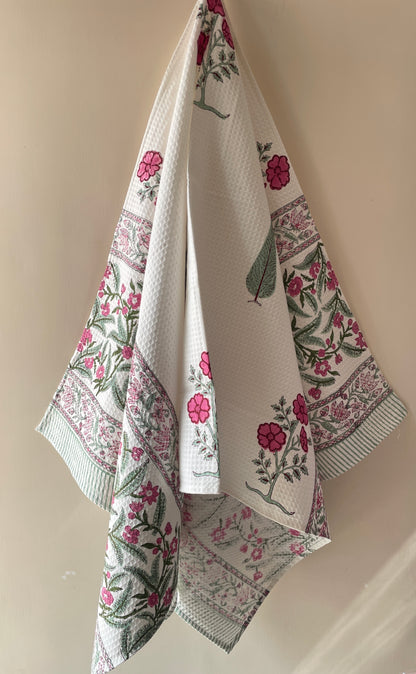 Floral Handblock Cotton Waffle Bath Towe Set ( 1 Bath Towel + 2 Hand Towel)