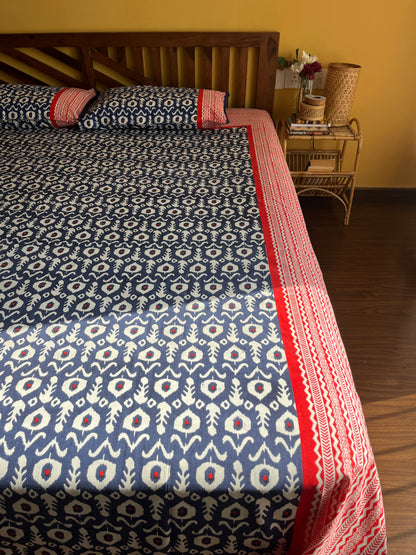 Indigo Ikat Cotton Queen Size Bedsheet with 2 Pillow Covers (90”*108”)