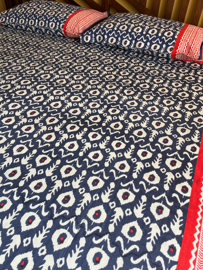 Indigo Ikat Cotton Queen Size Bedsheet with 2 Pillow Covers (90”*108”)