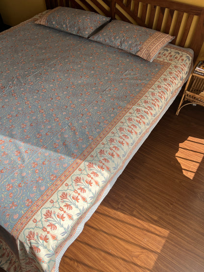 Misty Morning Bloom Cotton Queen Size Bedsheet with 2 Pillow Covers (90”*108”)