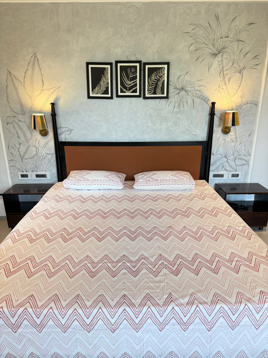 Chevron Bloom HandBlock King Size Bedsheet with 2 Pillow Covers (108”*108”)