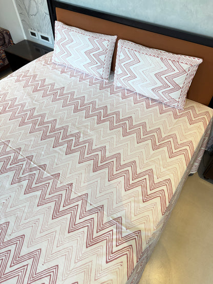Chevron Bloom HandBlock King Size Bedsheet with 2 Pillow Covers (108”*108”)