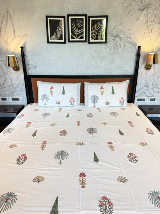 Verdant Blooms HandBlock King Size Bedsheet Set with 2 Pillow Covers (108”*108”)