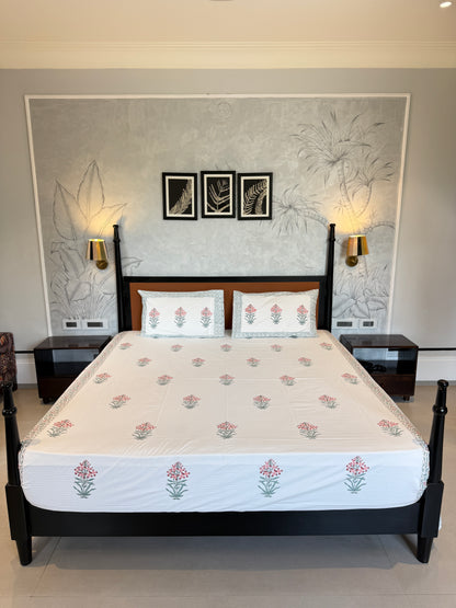 Flora HandBlock King Size Bedsheet with 2 Pillow Covers (108”*108”)
