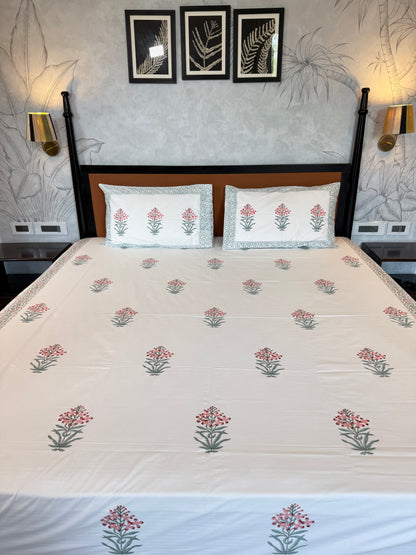 Flora HandBlock King Size Bedsheet with 2 Pillow Covers (108”*108”)