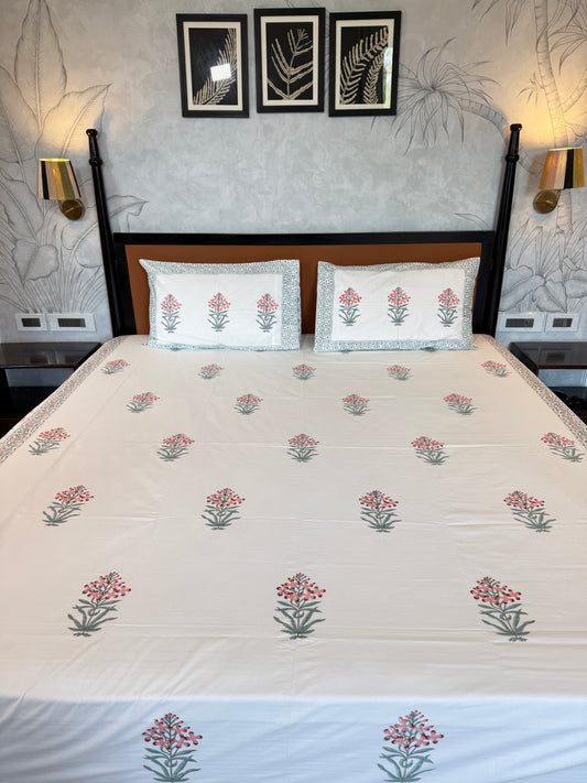 Flora HandBlock King Size Bedsheet with 2 Pillow Covers (108”*108”)