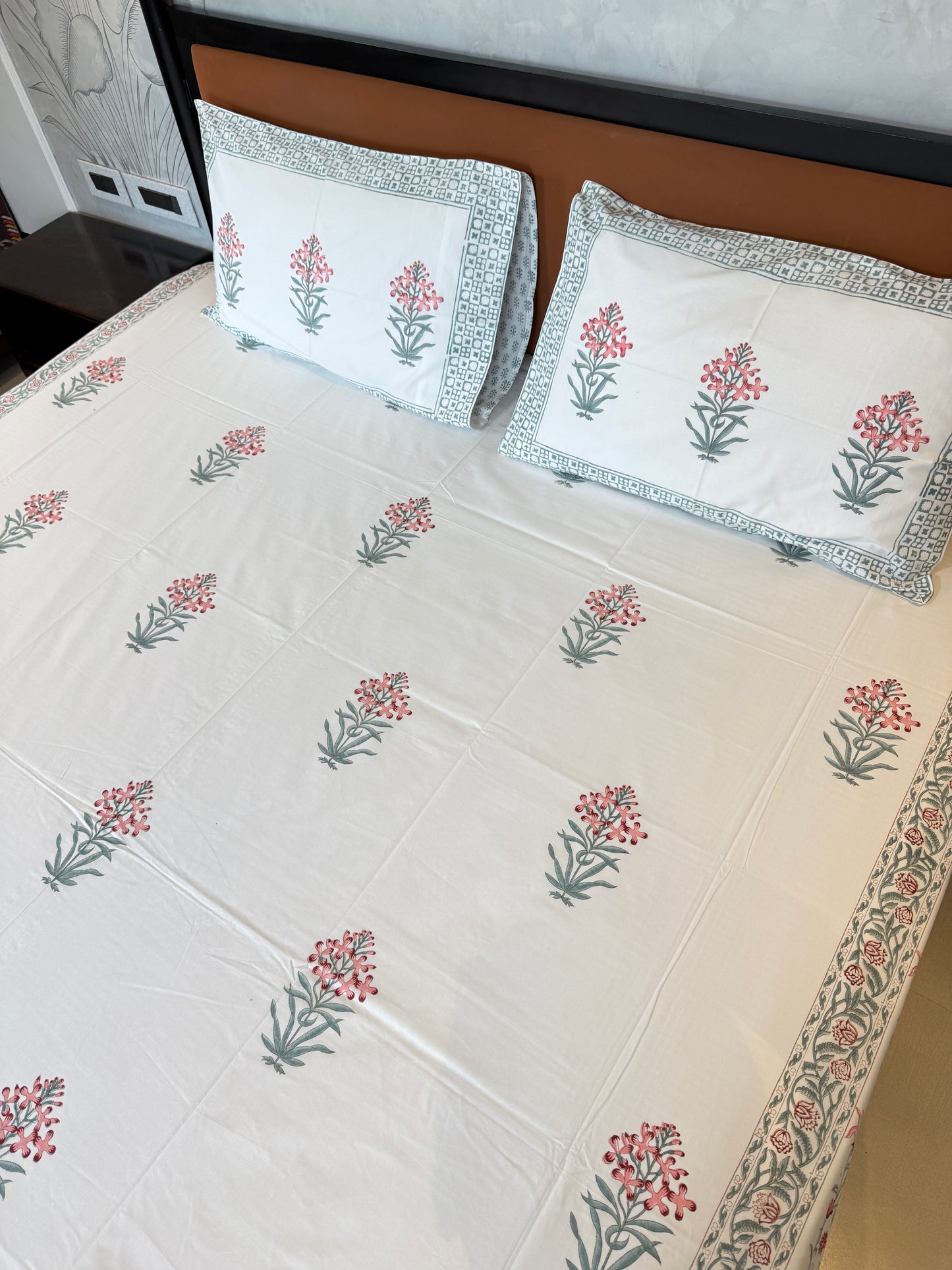 Flora HandBlock King Size Bedsheet with 2 Pillow Covers (108”*108”)
