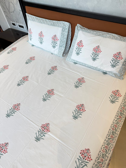Flora HandBlock King Size Bedsheet with 2 Pillow Covers (108”*108”)