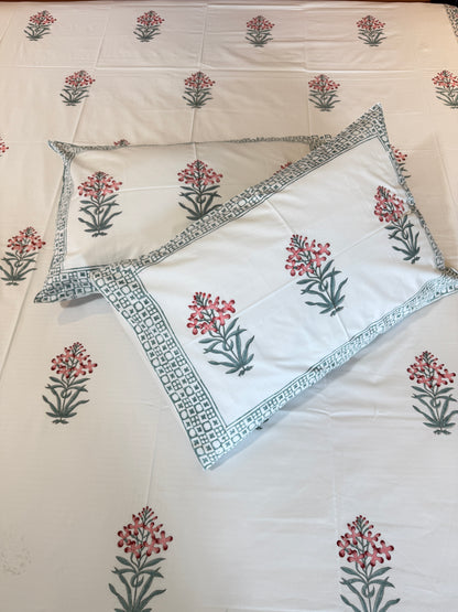 Flora HandBlock King Size Bedsheet with 2 Pillow Covers (108”*108”)