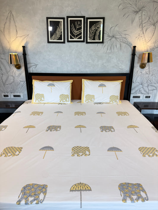 Elephant Royale HandBlock King Size Bedsheet Set with 2 Pillow Covers (108”*108”)
