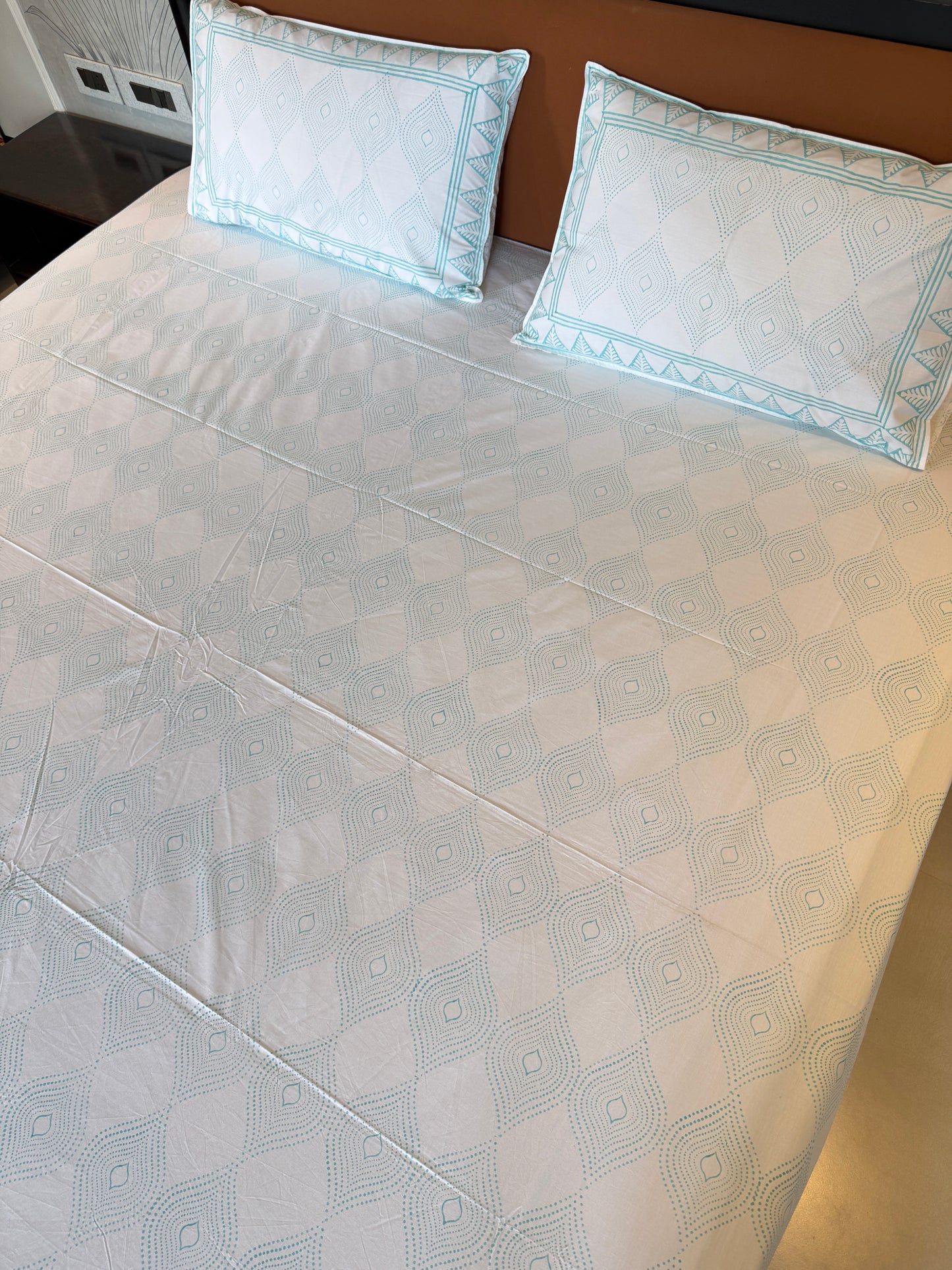 Aqua Whisper HandBlock King Size Bedsheet with 2 Pillow Covers (108”*108”)
