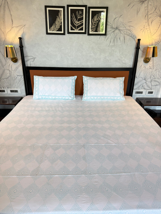 Aqua Whisper HandBlock King Size Bedsheet with 2 Pillow Covers (108”*108”)