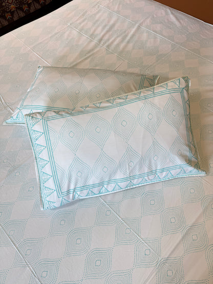 Aqua Whisper HandBlock King Size Bedsheet with 2 Pillow Covers (108”*108”)