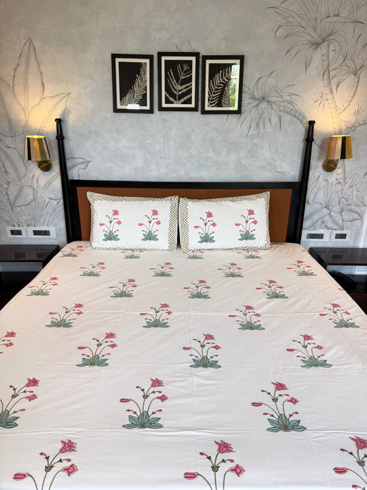 BellFlower Bloom HandBlock King Size Bedsheet with 2 Pillow Covers (108”*108”)