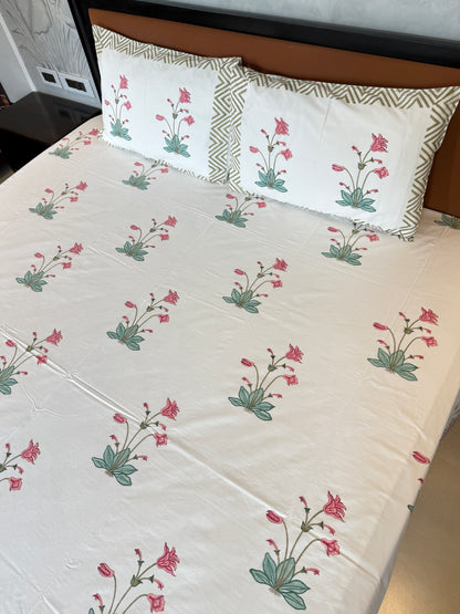 BellFlower Bloom HandBlock King Size Bedsheet with 2 Pillow Covers (108”*108”)