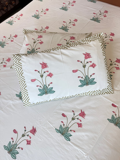BellFlower Bloom HandBlock King Size Bedsheet with 2 Pillow Covers (108”*108”)