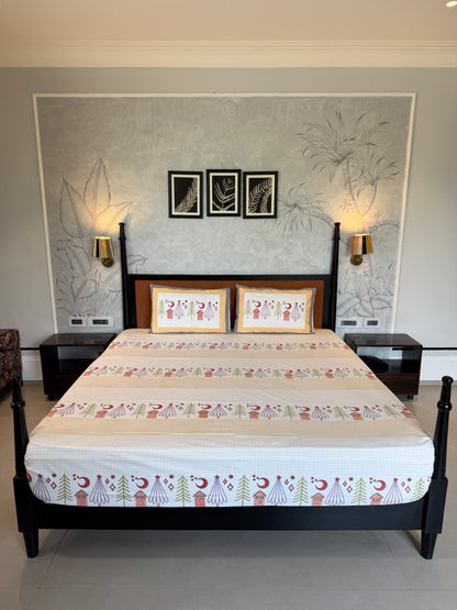 Moon & Pines HandBlock Queen Size Bedsheet Set with 2 Pillow Covers (90”*108”)