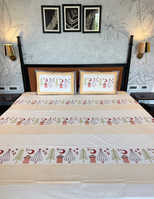 Moon & Pines HandBlock Queen Size Bedsheet Set with 2 Pillow Covers (90”*108”)