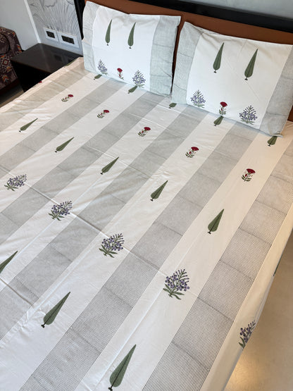 Rose & Cypress HandBlock Queen Size Bedsheet Set with 2 Pillow Covers (90”*108”)