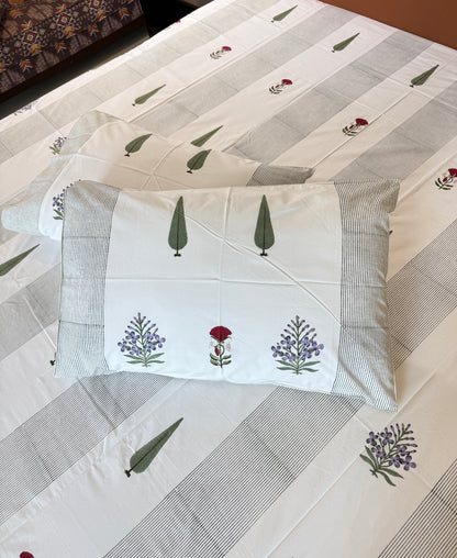 Rose & Cypress HandBlock Queen Size Bedsheet Set with 2 Pillow Covers (90”*108”)
