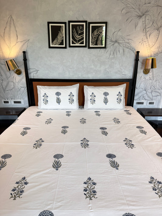 Blue Botanica HandBlock Queen Size Bedsheet Set with 2 Pillow Covers (90”*108”)