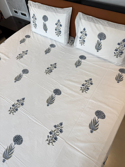 Blue Botanica HandBlock Queen Size Bedsheet Set with 2 Pillow Covers (90”*108”)
