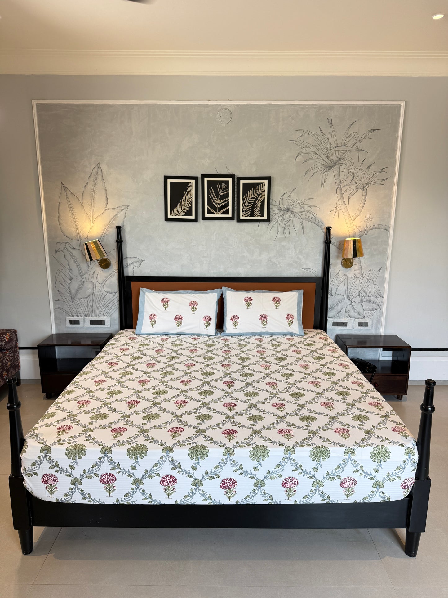 Whispering Blooms HandBlock Queen Size Bedsheet Set with 2 Pillow Covers (90”*108”)