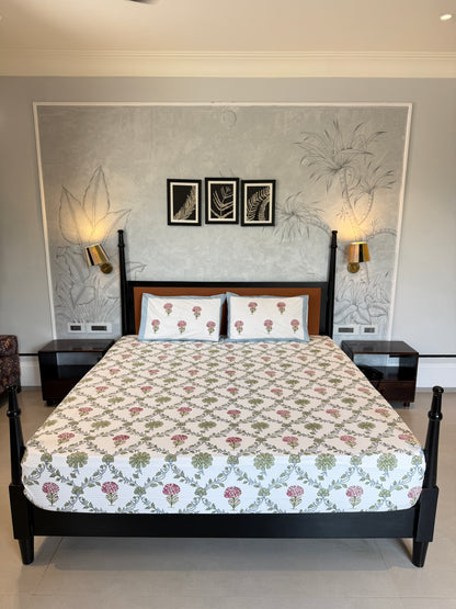 Whispering Blooms HandBlock Queen Size Bedsheet Set with 2 Pillow Covers (90”*108”)