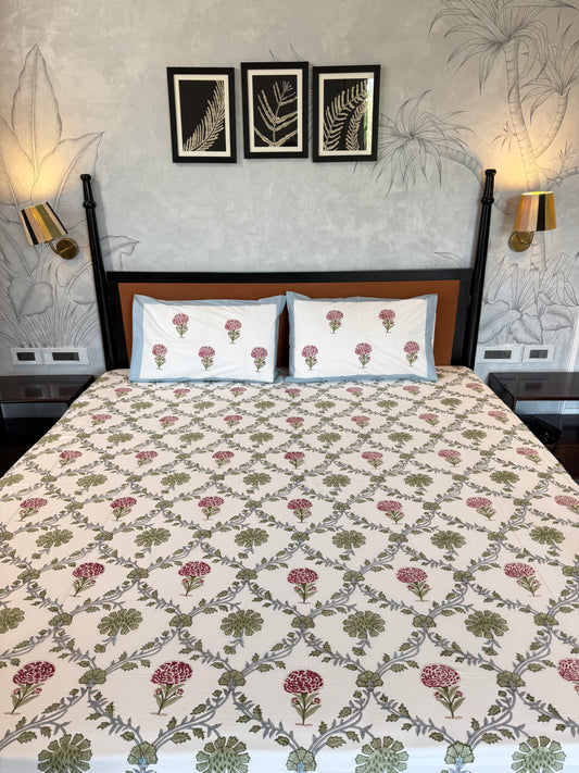 Whispering Blooms HandBlock Queen Size Bedsheet Set with 2 Pillow Covers (90”*108”)