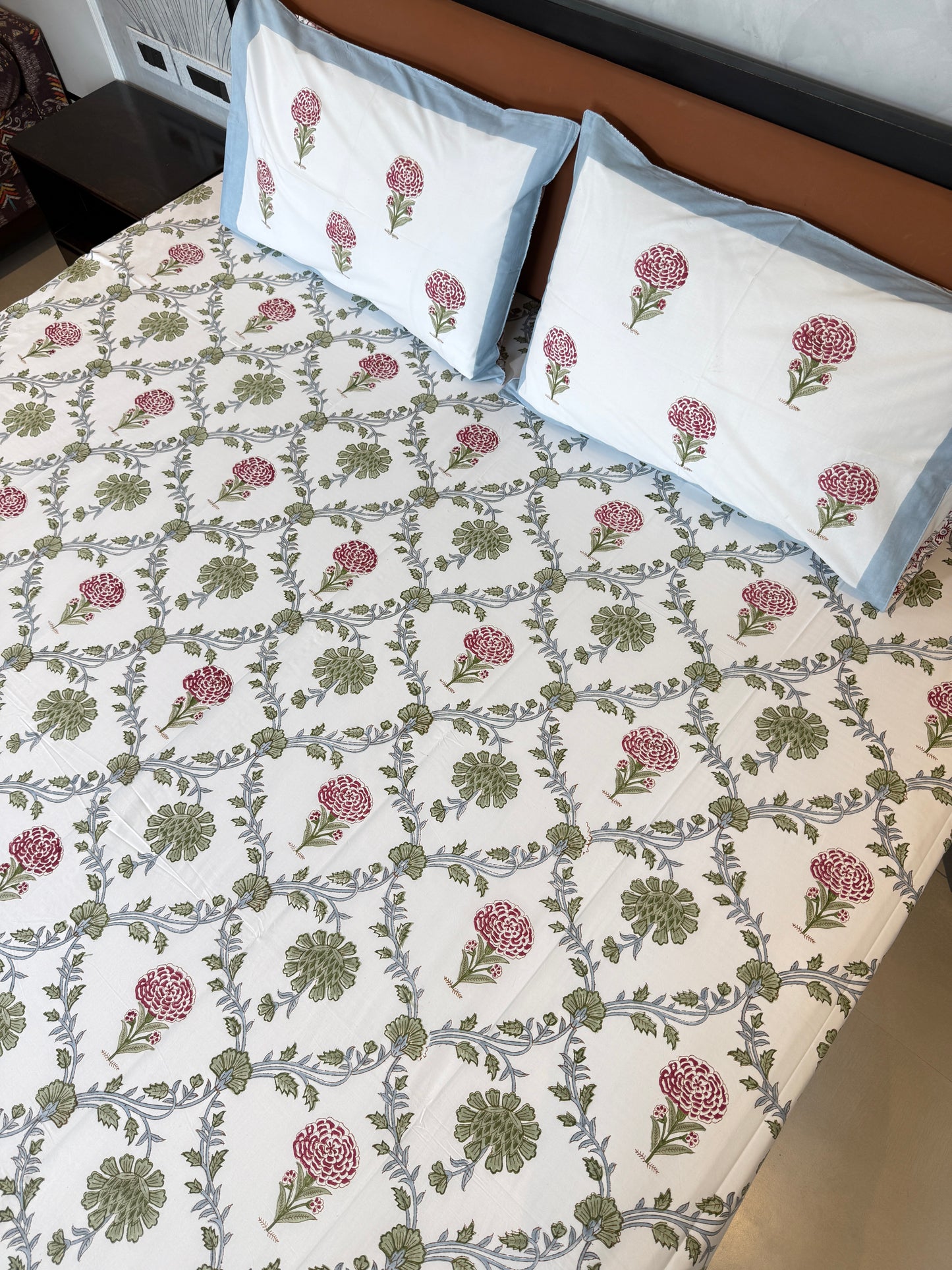 Whispering Blooms HandBlock Queen Size Bedsheet Set with 2 Pillow Covers (90”*108”)
